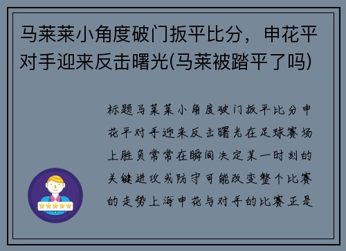 马莱莱小角度破门扳平比分，申花平对手迎来反击曙光(马莱被踏平了吗)