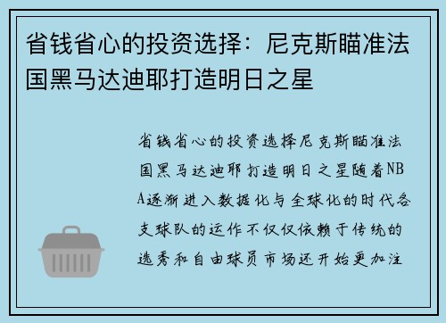省钱省心的投资选择：尼克斯瞄准法国黑马达迪耶打造明日之星