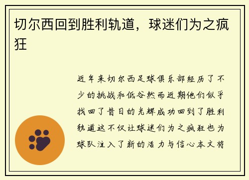 切尔西回到胜利轨道，球迷们为之疯狂