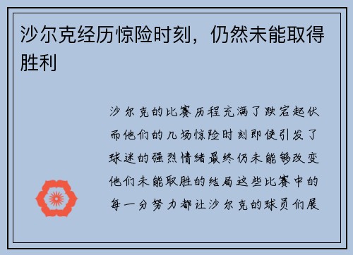 沙尔克经历惊险时刻，仍然未能取得胜利