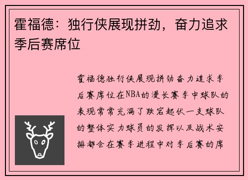 霍福德：独行侠展现拼劲，奋力追求季后赛席位