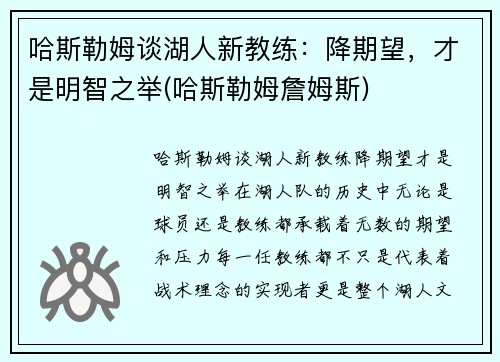 哈斯勒姆谈湖人新教练：降期望，才是明智之举(哈斯勒姆詹姆斯)