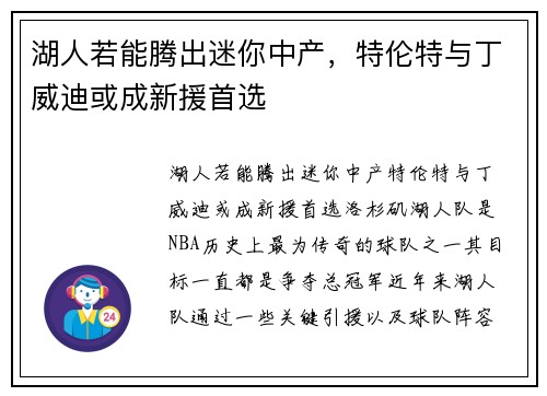 湖人若能腾出迷你中产，特伦特与丁威迪或成新援首选